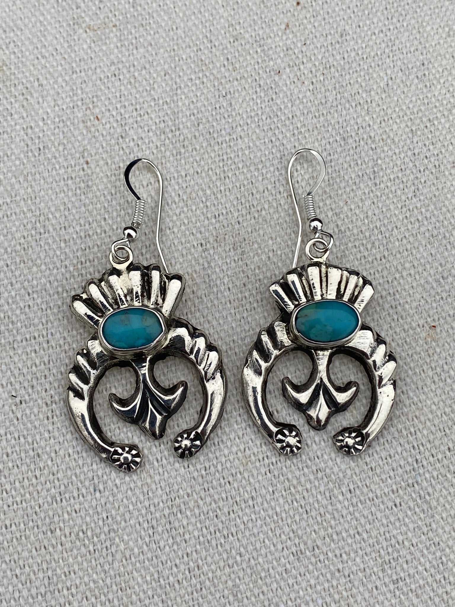 Mike Platero Navajo Sterling Silver & Kingman Turquoise Cast Naja Earrings - Echo Canyon Collective