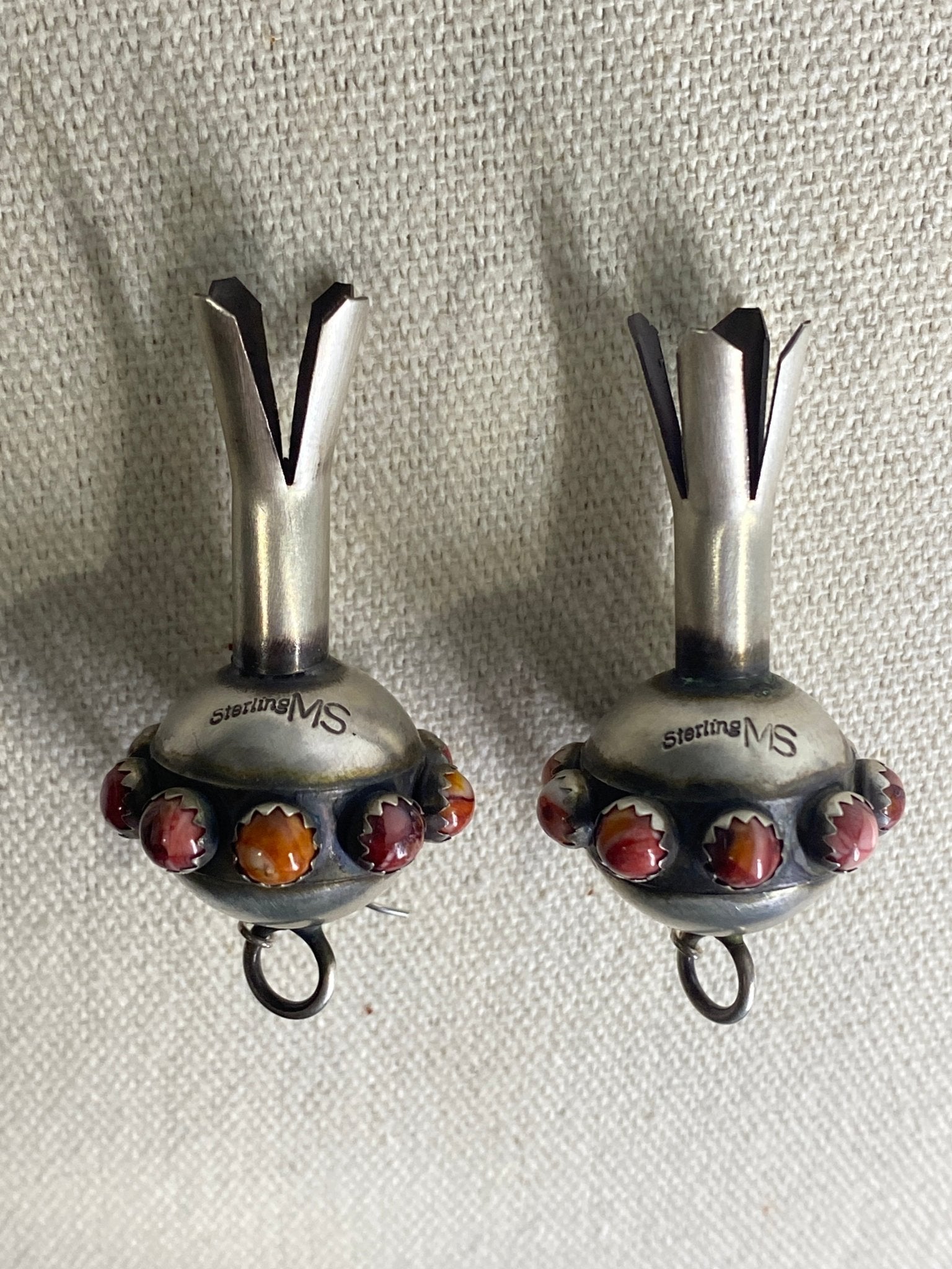 Monica Smith Navajo Squash Blossom Red Spiney Earrings – Handmade, Signed MS - Echo Canyon Collective