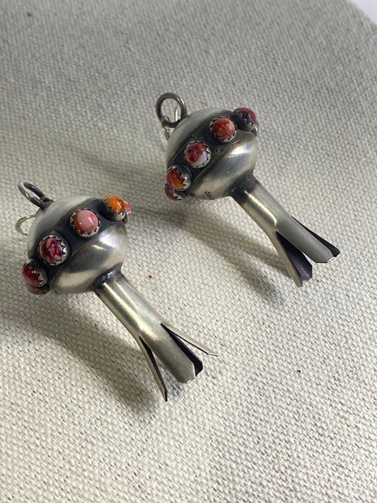 Monica Smith Navajo Squash Blossom Red Spiney Earrings – Handmade, Signed MS - Echo Canyon Collective