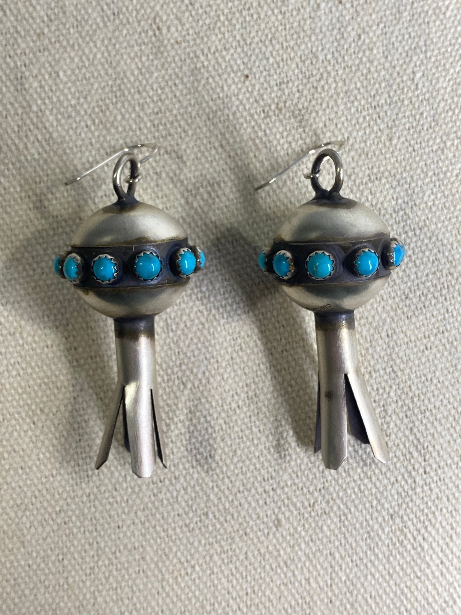 Monica Smith Navajo Squash Blossom Turquoise Earrings – Handmade, Signed MS - Echo Canyon Collective
