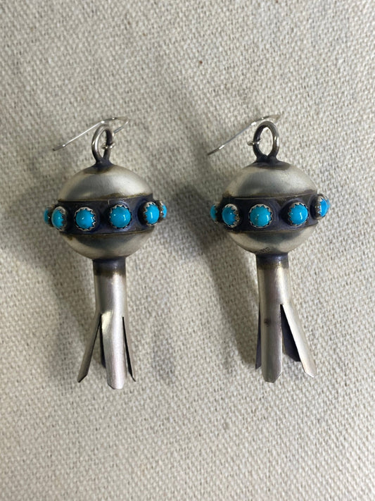 Monica Smith Navajo Squash Blossom Turquoise Earrings – Handmade, Signed MS - Echo Canyon Collective