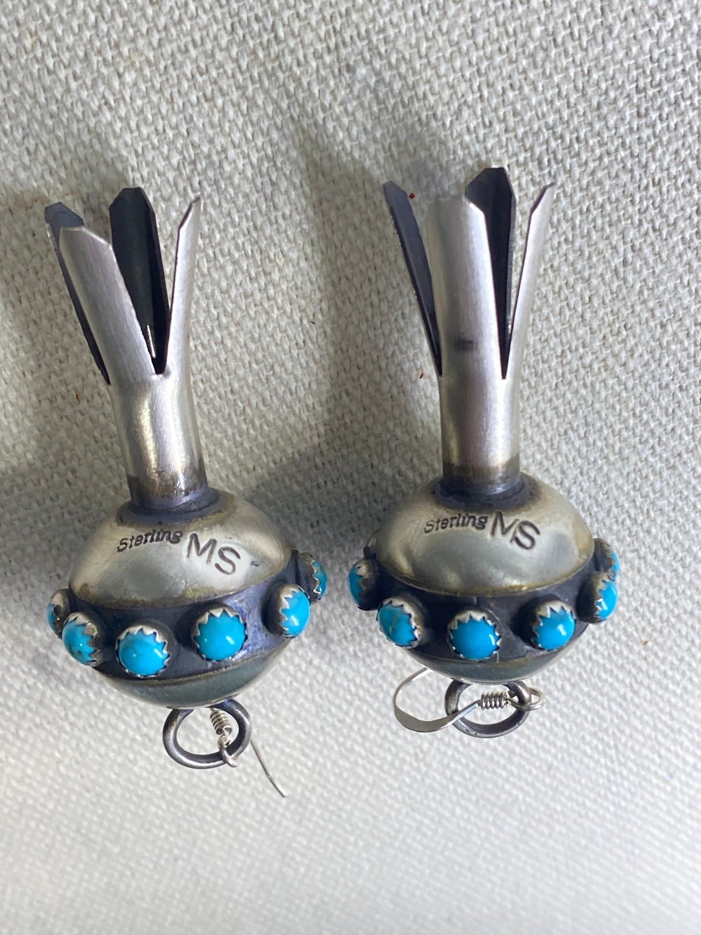 Monica Smith Navajo Squash Blossom Turquoise Earrings – Handmade, Signed MS - Echo Canyon Collective