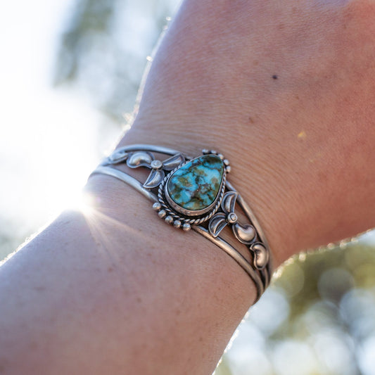 Navajo Derrick Gordon Sterling Silver Cuff with Sonoran Gold Turquoise - Echo Canyon Collective