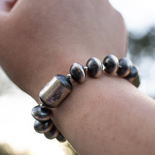 Navajo Sharon Cooley Handmade Bead Stretch Bracelet – Hand Stamped Sterling Silver Cactus - Echo Canyon Collective