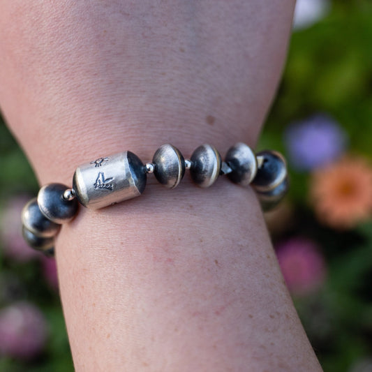 Navajo Sharon Cooley Handmade Bead Stretch Bracelet – Hand Stamped Sterling Silver Horse - Echo Canyon Collective
