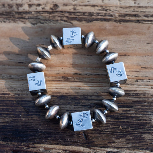 Navajo Sharon Cooley Handmade Bead Stretch Bracelet – Hand Stamped Sterling Silver Horse & Cactus - Echo Canyon Collective
