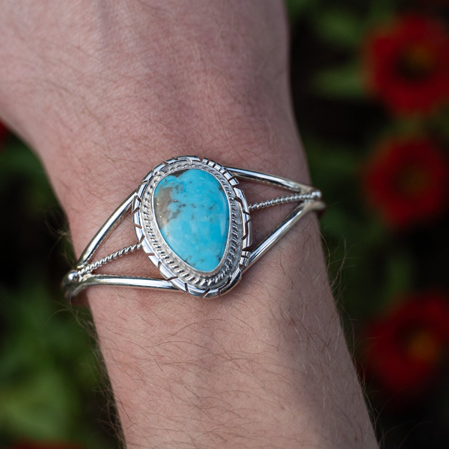 Peggy Skeets Kingman Turquoise Cuff Bracelet Navajo Handmade Sterling Silver - Echo Canyon Collective