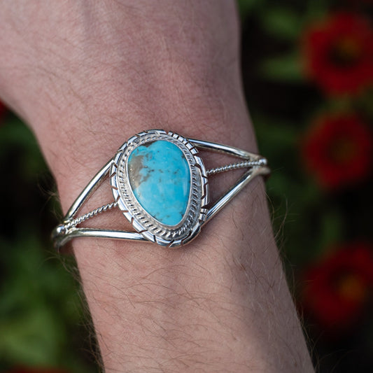 Peggy Skeets Kingman Turquoise Cuff Bracelet Navajo Handmade Sterling Silver - Echo Canyon Collective