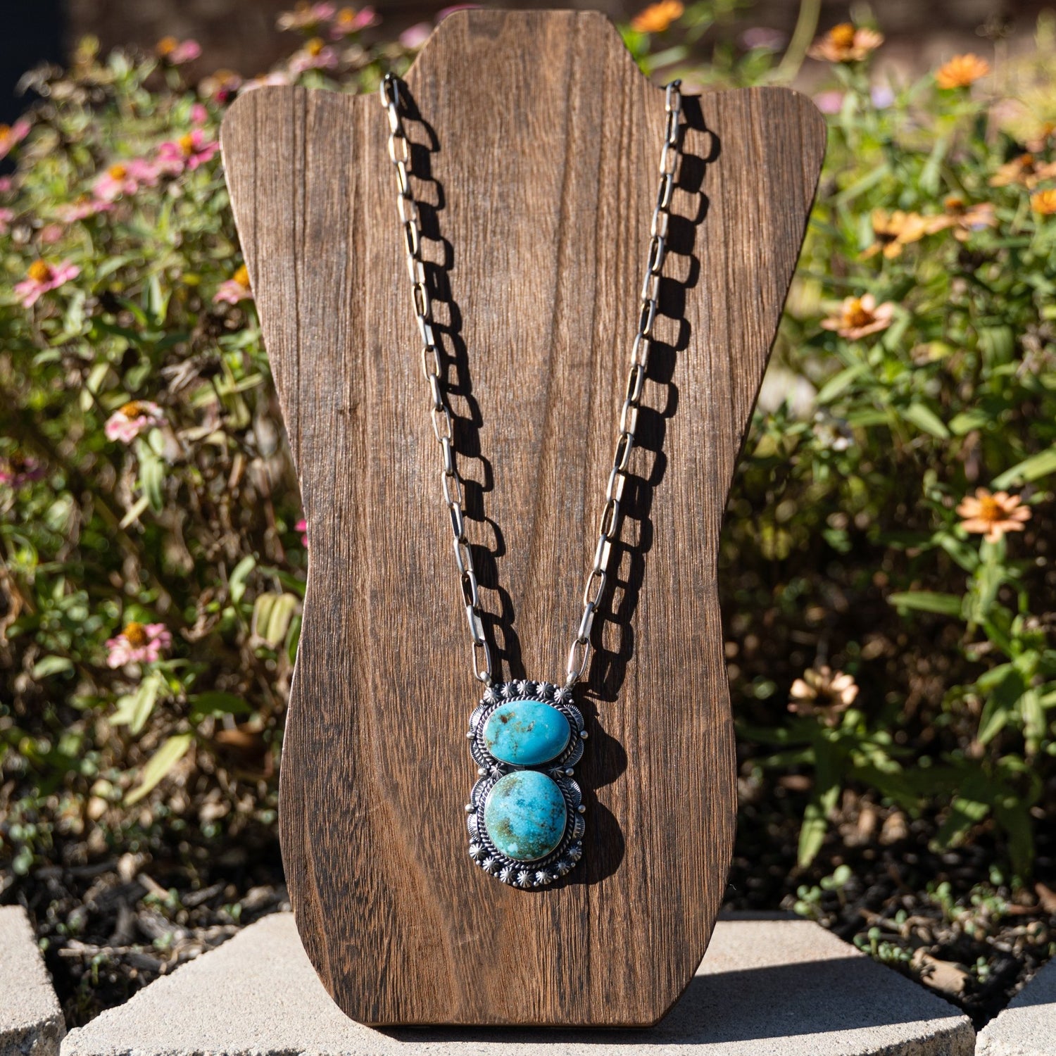 Raymond Delgarito Natural Kingman Turquoise Pendant with Handmade Sterling Silver Chain 20" Adjustable - Echo Canyon Collective