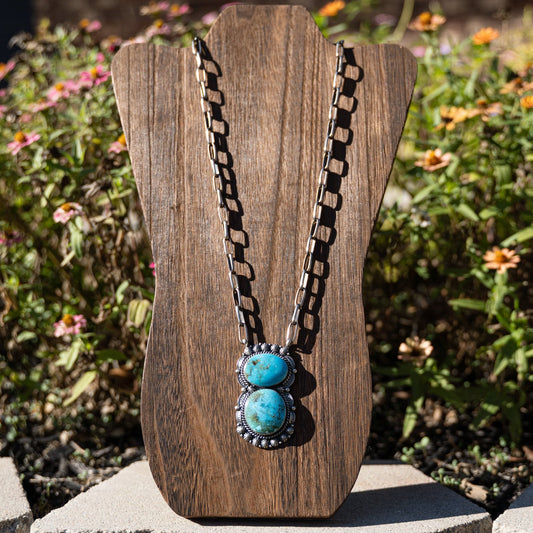 Raymond Delgarito Natural Kingman Turquoise Pendant with Handmade Sterling Silver Chain 20" Adjustable - Echo Canyon Collective
