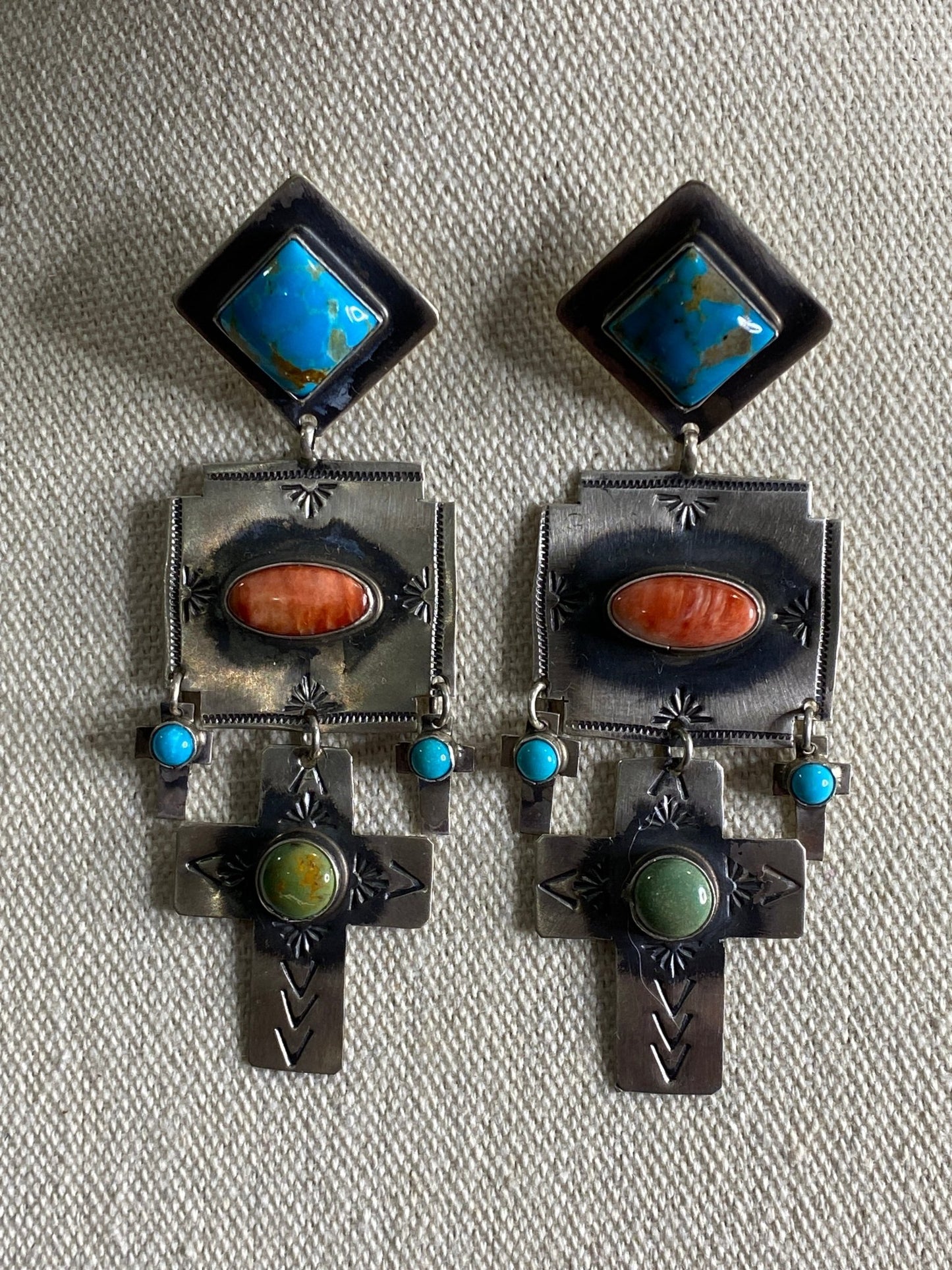 Rita Lee Sterling Silver Turquoise & Red Spiny Earrings – Southwest Statement Cross Drop - Echo Canyon Collective