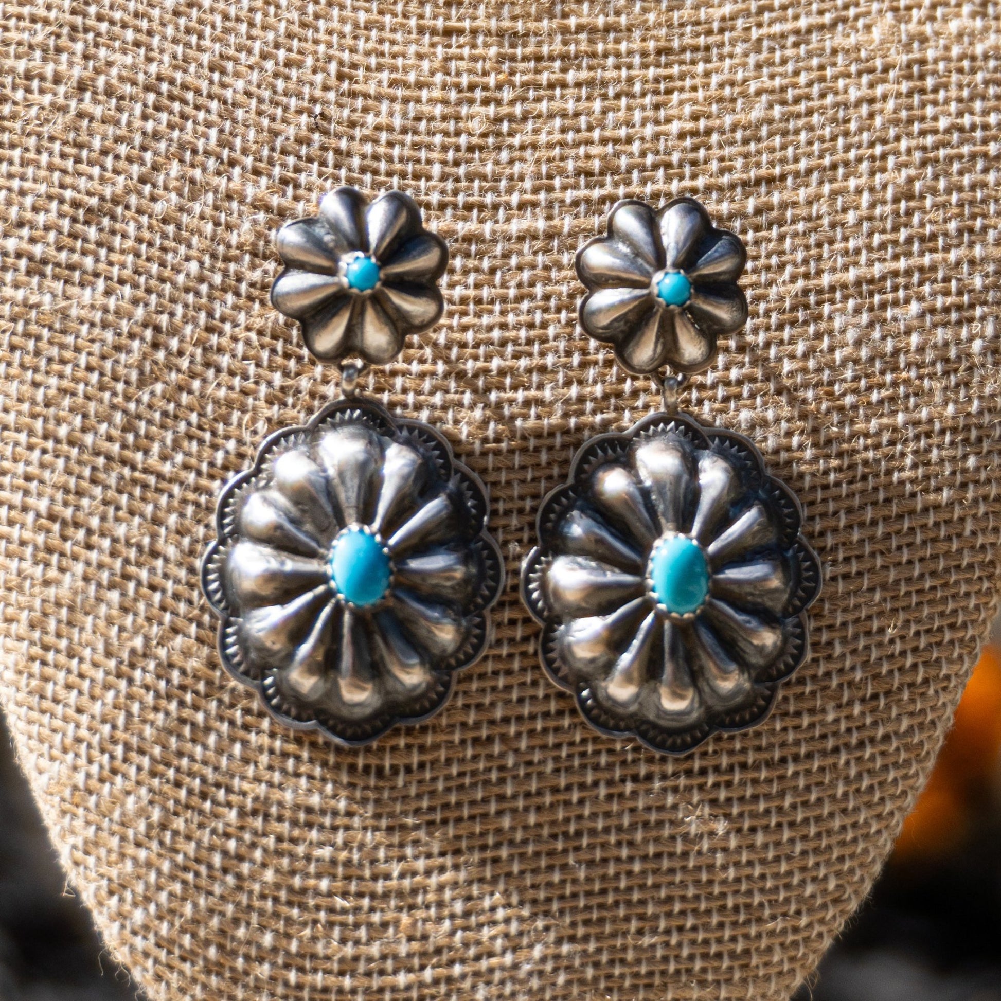 Rita Lee Turquoise and Sterling Silver Concho Dangle Earrings - Echo Canyon Collective