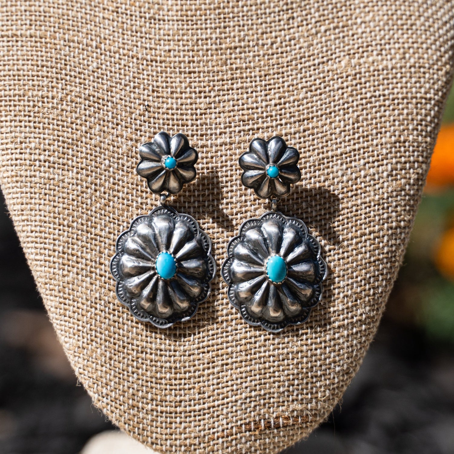 Rita Lee Turquoise and Sterling Silver Concho Dangle Earrings - Echo Canyon Collective