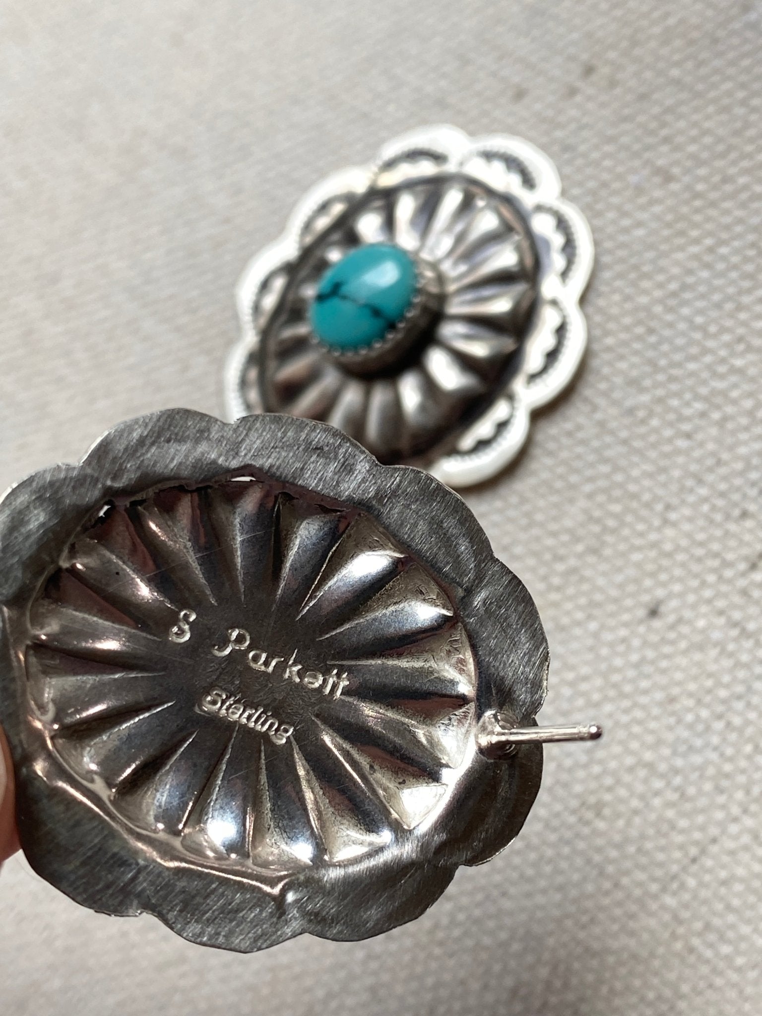 Sandra Parkett Concho Sterling Silver & Cloud Mountain Turquoise Earrings - Echo Canyon Collective