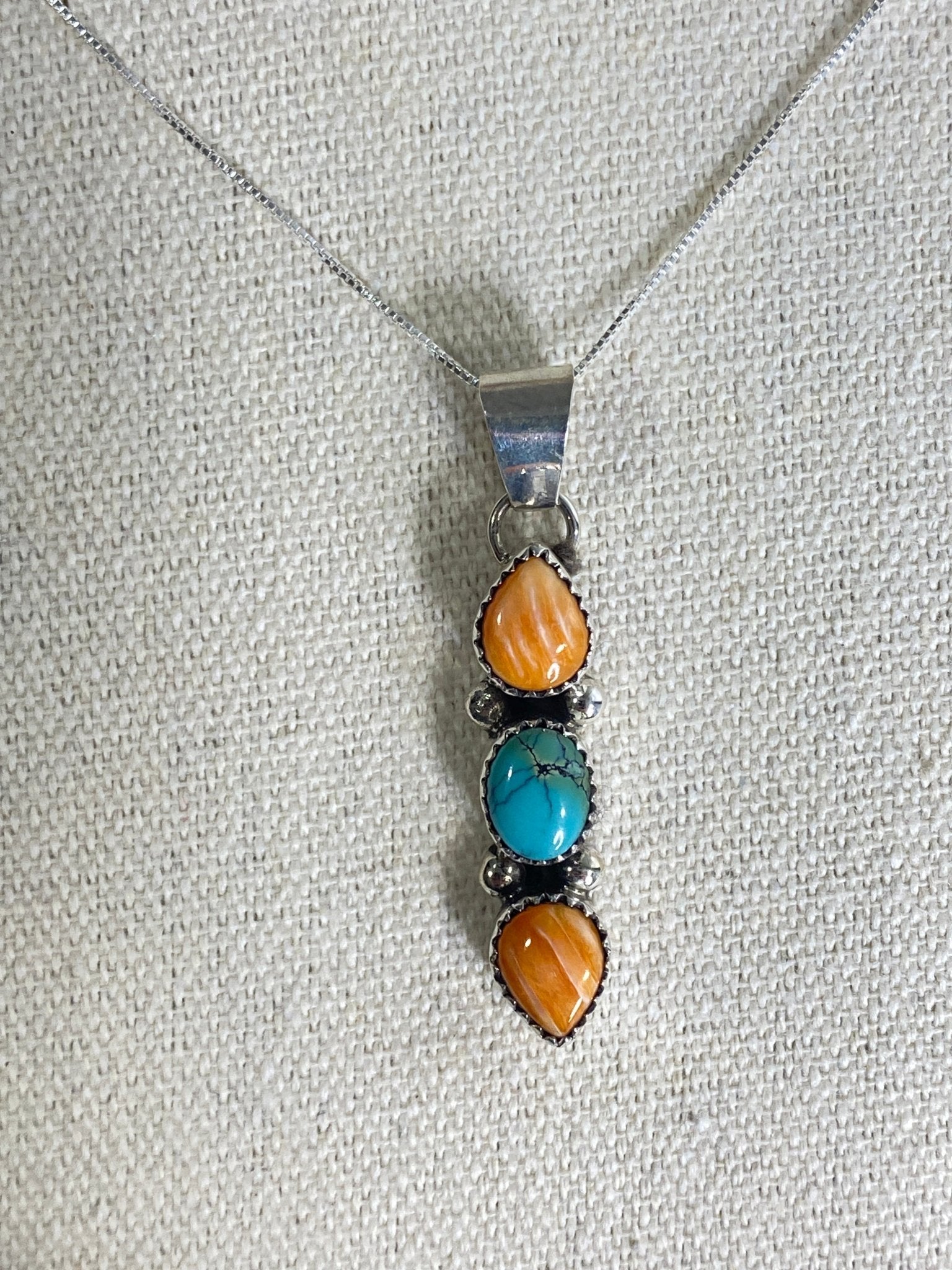 Sandra Parkett Orange Spiny & China Mountain Turquoise Set – Earrings + Pendant with 18" Chain, Signed S. Parkett - Echo Canyon Collective