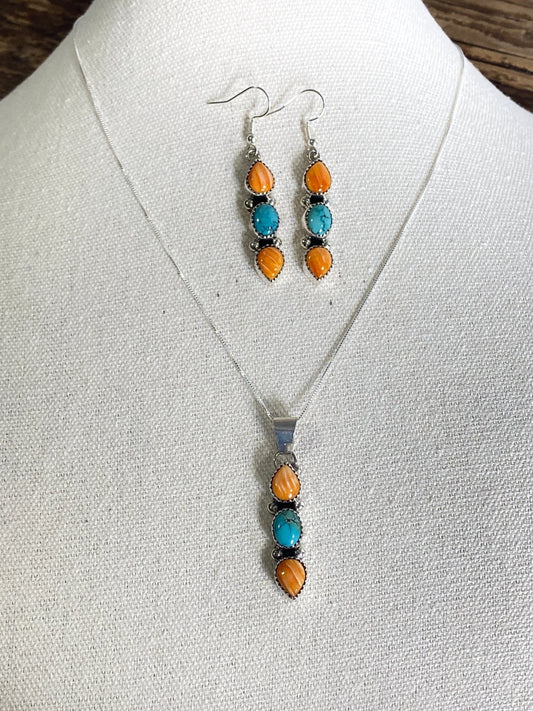 Sandra Parkett Orange Spiny & China Mountain Turquoise Set – Earrings + Pendant with 18" Chain, Signed S. Parkett - Echo Canyon Collective
