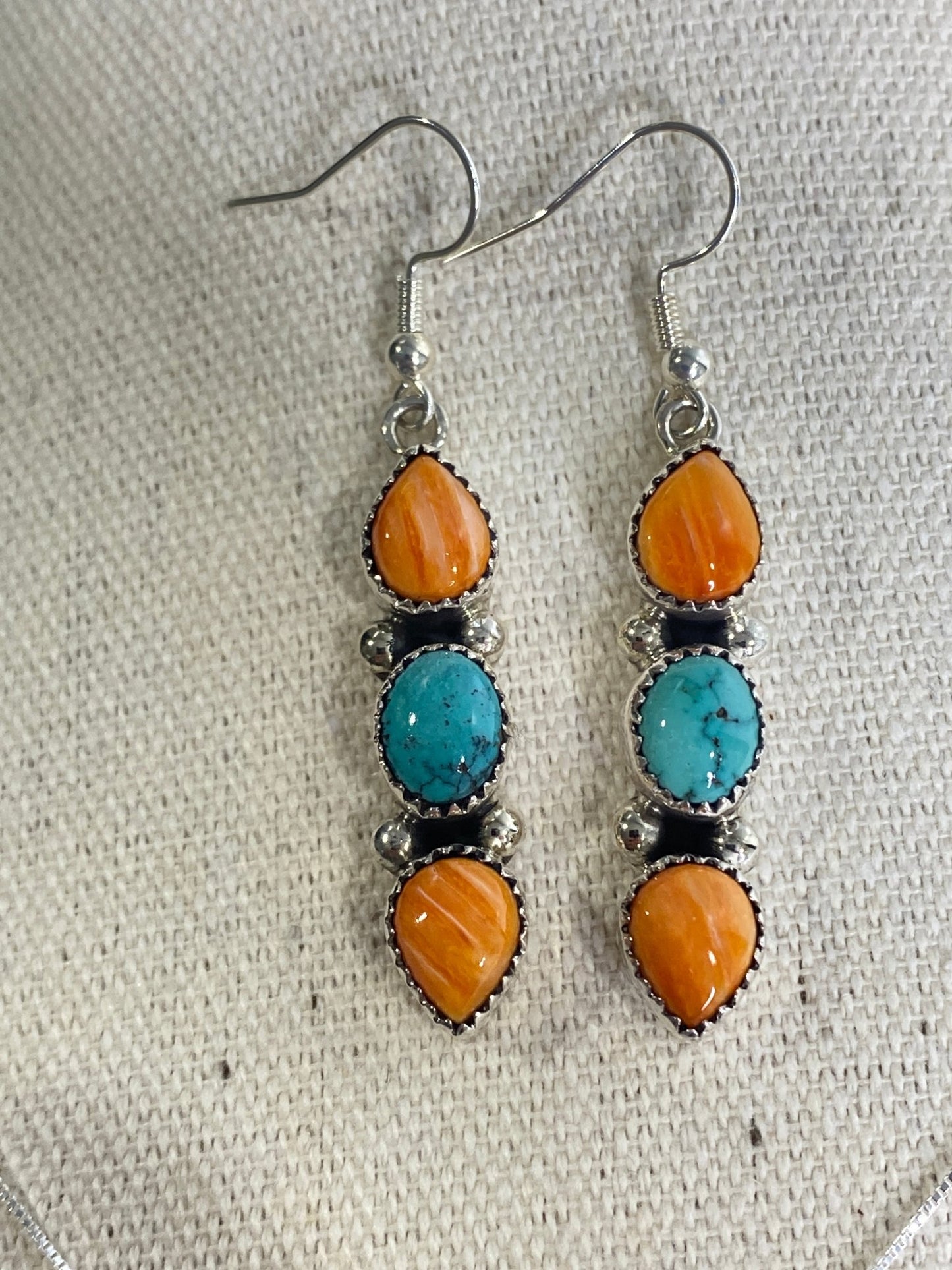 Sandra Parkett Orange Spiny & China Mountain Turquoise Set – Earrings + Pendant with 18" Chain, Signed S. Parkett - Echo Canyon Collective