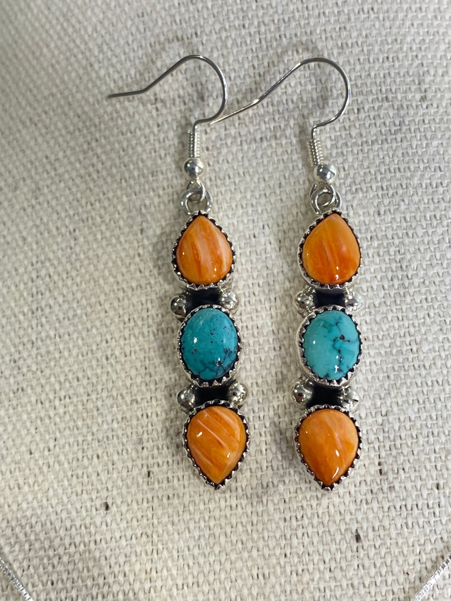 Sandra Parkett Orange Spiny & China Mountain Turquoise Set – Earrings + Pendant with 18" Chain, Signed S. Parkett - Echo Canyon Collective