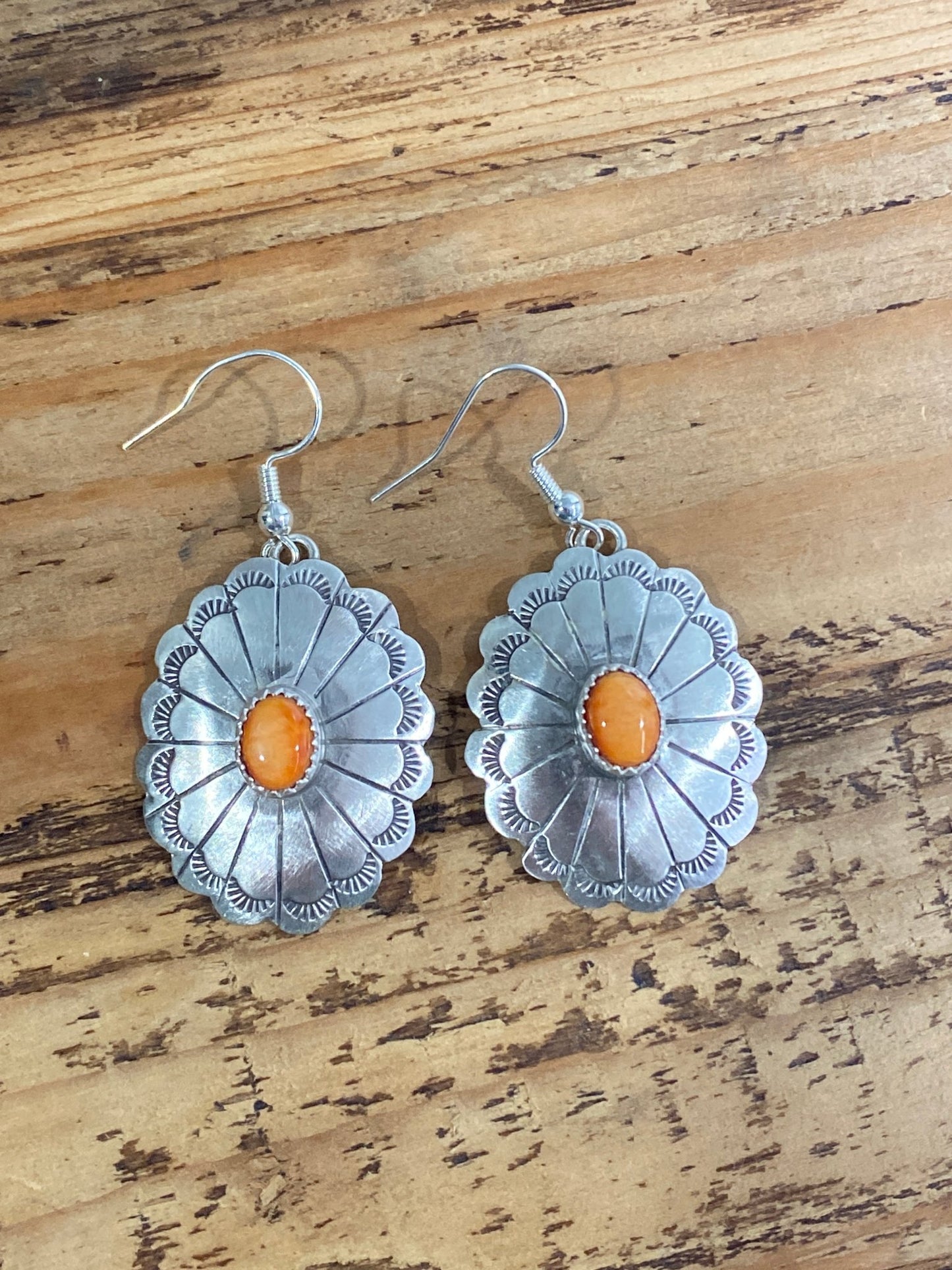 Sandra Parkett Sterling Silver & Orange Spiny Oyster Concho Earrings - Echo Canyon Collective