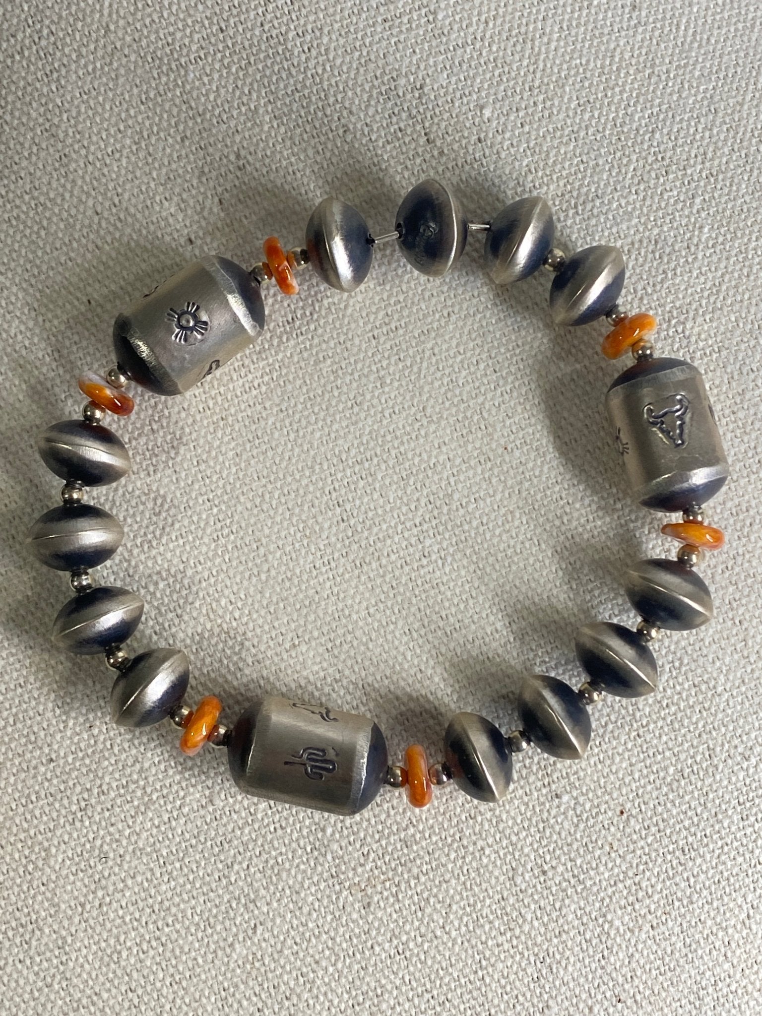 Sharon Cooley Handmade Beaded Bracelet – Orange Spiny Oyster, 7", Cactus Stamp - Echo Canyon Collective