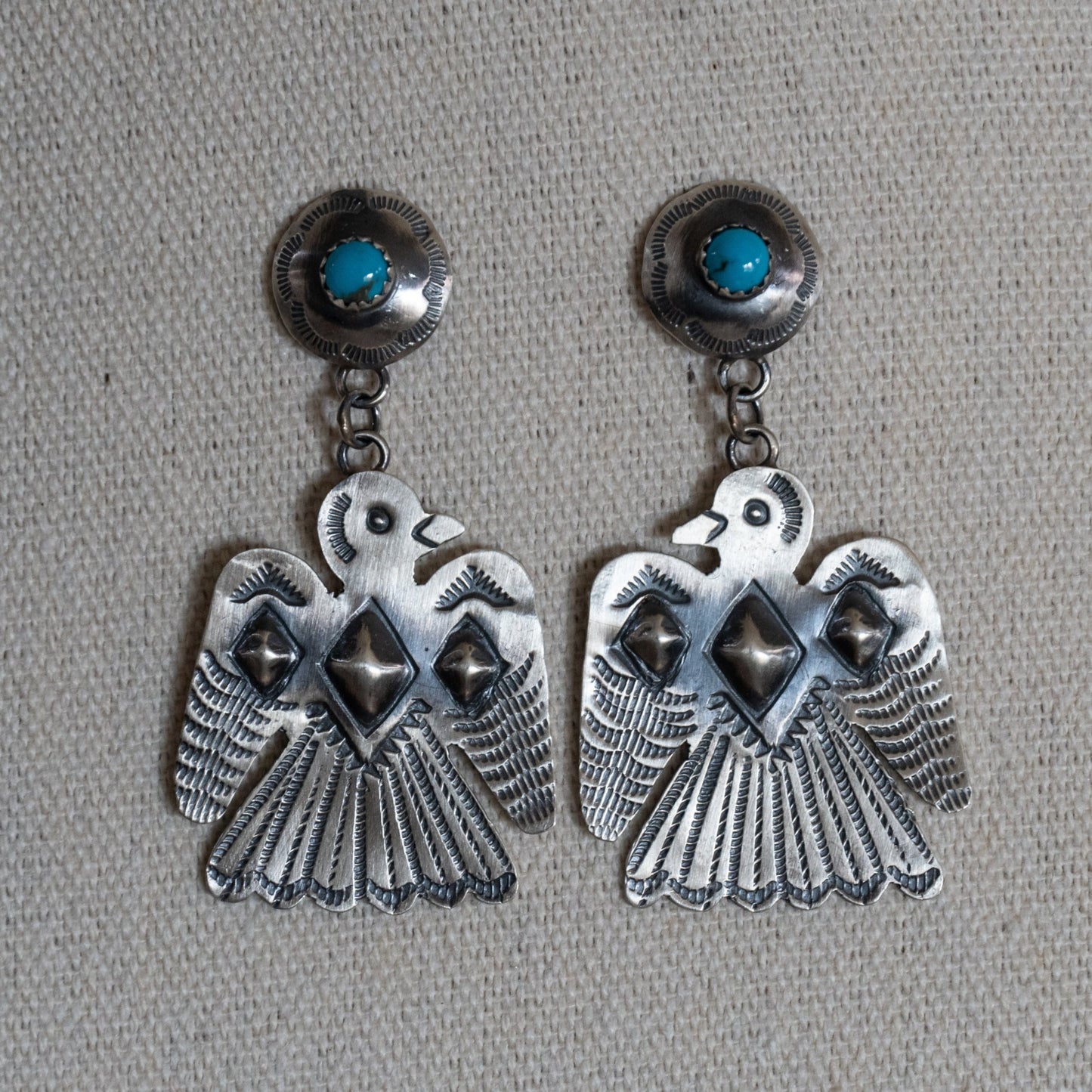 Tim Yazzie Thunderbird Earrings – Navajo Made Sterling Silver with Kingman Turquoise - Echo Canyon Collective