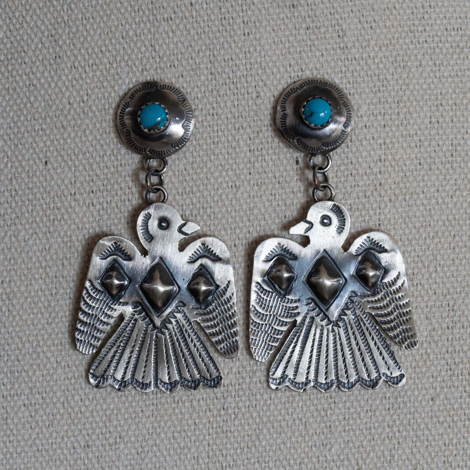Tim Yazzie Thunderbird Earrings – Navajo Made Sterling Silver with Kingman Turquoise - Echo Canyon Collective