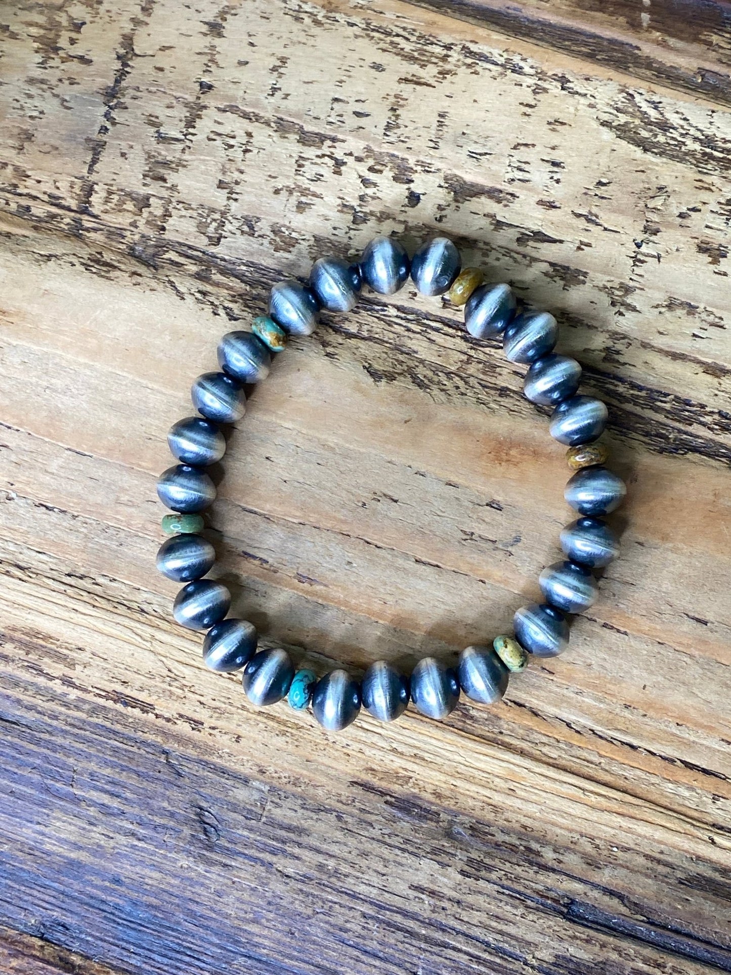 Tonisha Haley Turquoise and Sterling Silver Bead Stretch Bracelet | Navajo Handmade, Various Sizes - Echo Canyon Collective