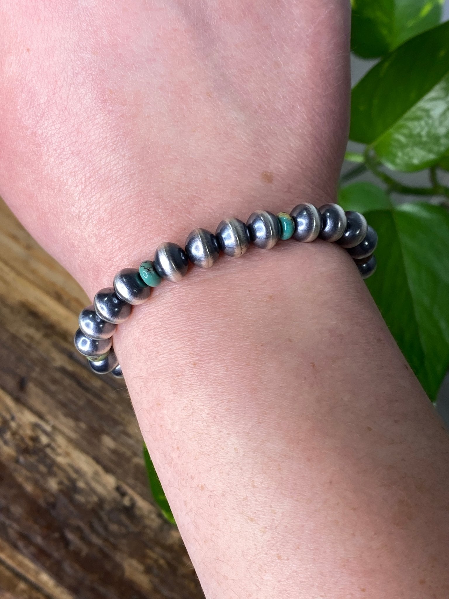 Tonisha Haley Turquoise and Sterling Silver Bead Stretch Bracelet | Navajo Handmade, Various Sizes - Echo Canyon Collective